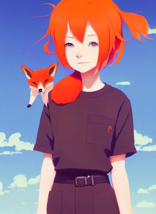 Image similar to portrait of cute redhead girl in orange jumpsuit with fox ears by ilya kuvshinov, holding a cactus, cloudy sky background lush landscape illustration concept art anime key visual trending pixiv fanbox by wlop and greg rutkowski and makoto shinkai and studio ghibli