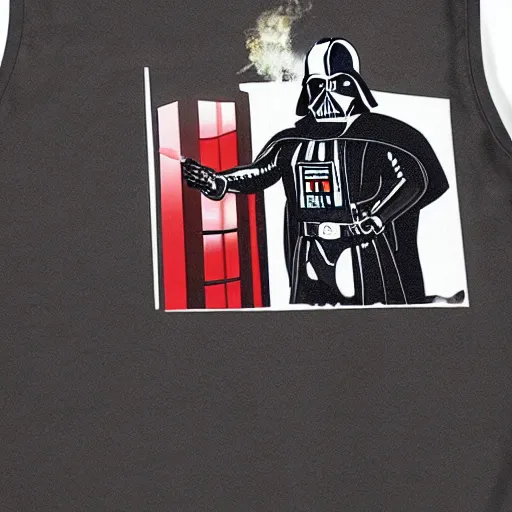 Prompt: darth vader wearing a apron with a funny foke on it grilling at his house on tatoonie, realistic