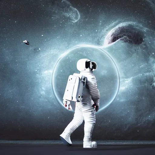 Image similar to universal consciousness, astronaut walking sideways on wall with a portal to another universe