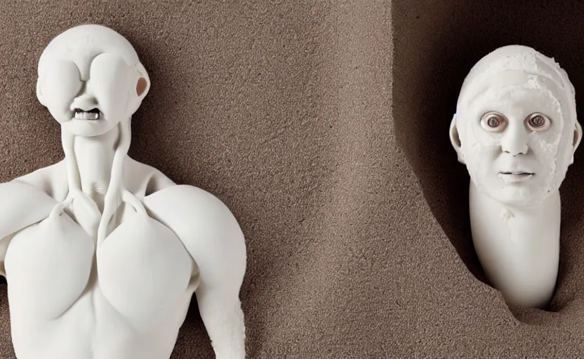 Image similar to human body made from white clay, head and hair, posing, sss, white solid, pale skin