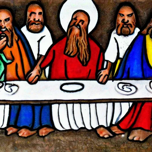 Image similar to last supper, drawn by a 5 year old detailed, sketh