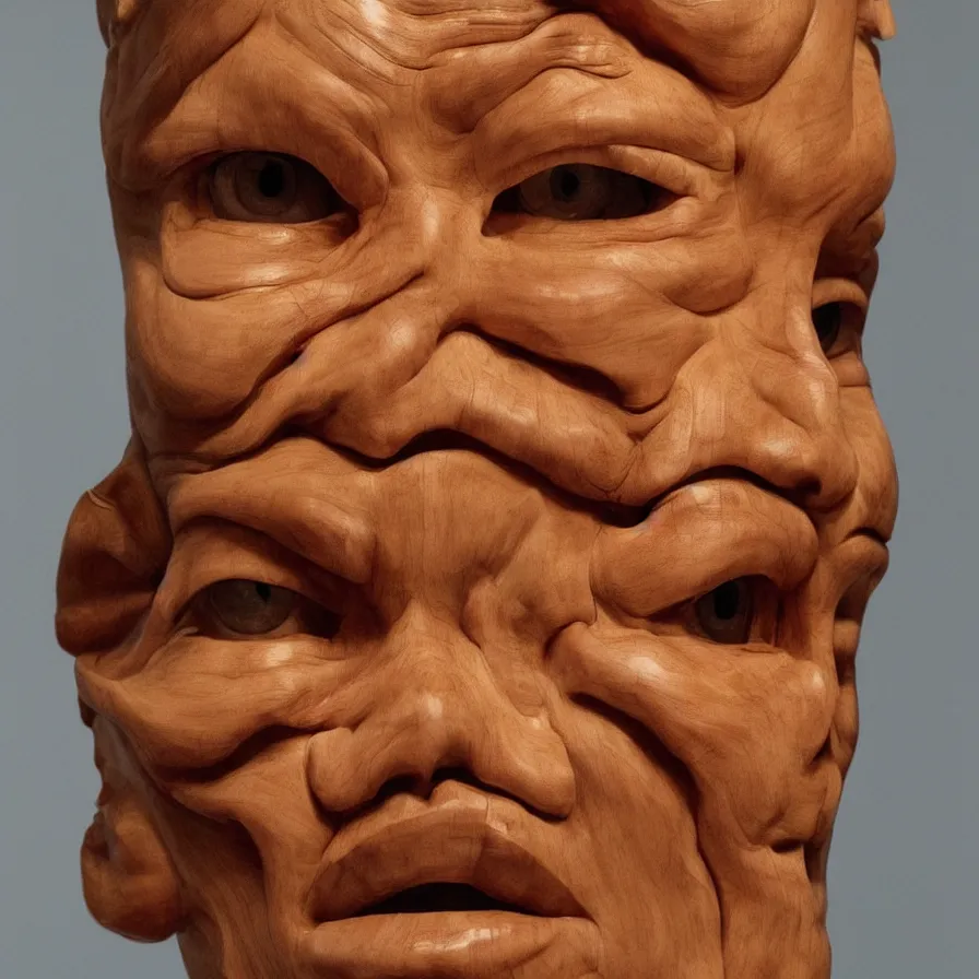 Prompt: realistic sculpture portrait of a powerful stern woman's face carved out of a curly maple wood on a pedestal by stephan balkenhol and duane hanson and donald judd, hyperrealistic dramatic colored lighting trending on artstation 8 k