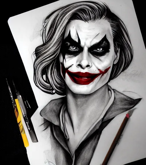 Image similar to tattoo design sketch of beautiful margot robbie wearing joker makeup and holding an ace card, in the style of den yakovlev, realistic face, black and white, realism tattoo, hyper realistic, highly detailed