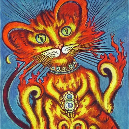 Image similar to a cat with fire in her claws, louis wain, fantasy art