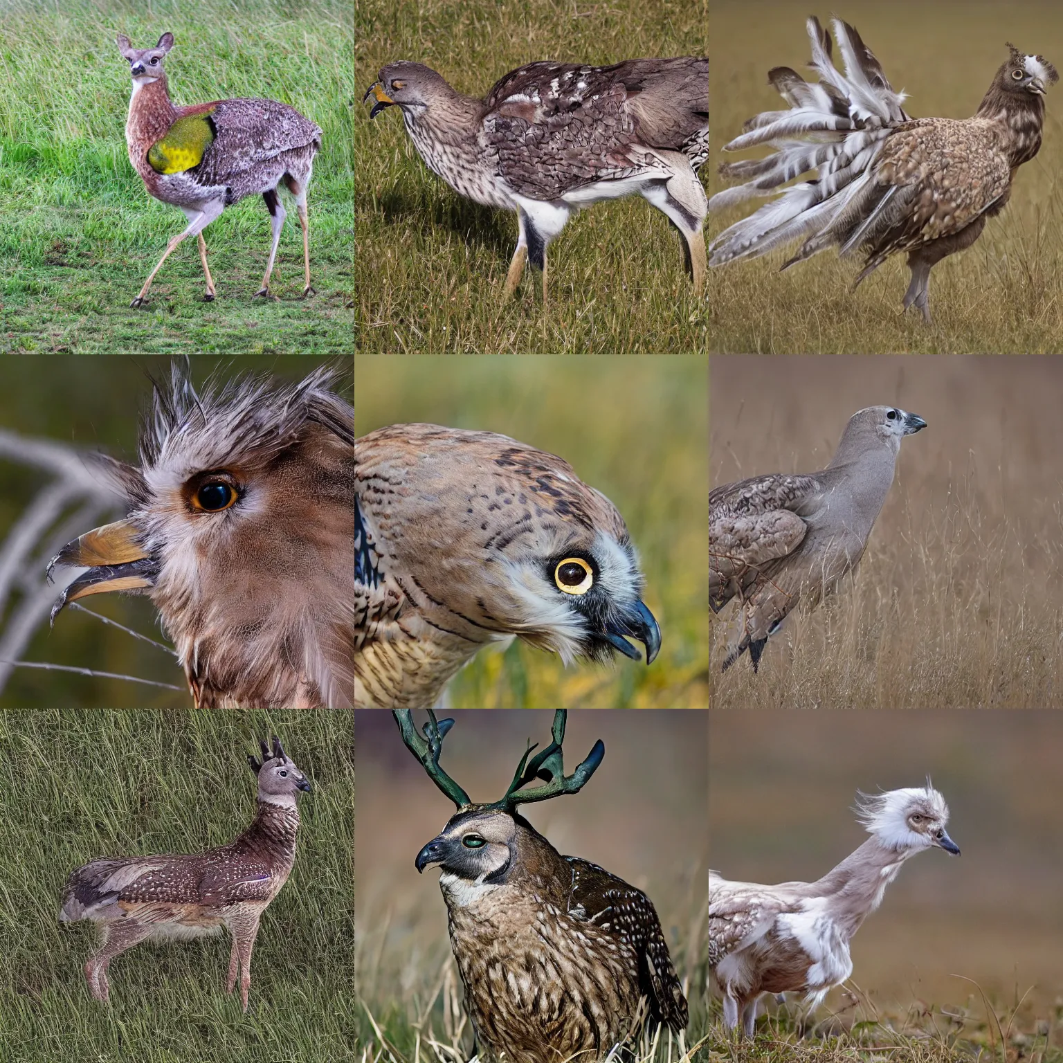 Prompt: a feathered deer with bird feathers as fur, owl feathers, nat geo, national geographic, photo, nature photography, f16, telephoto zoom, 100mm, wide shot, highly detailed, walking on grass