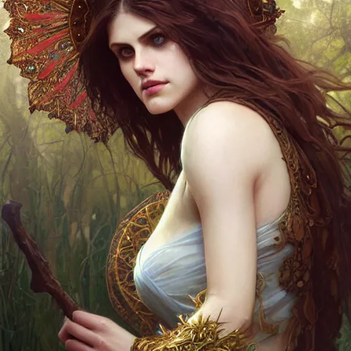 Image similar to beautiful druid witch maiden girl, Alexandra Daddario, intricate, elegant, highly detailed, digital painting, artstation, concept art, smooth, sharp focus, illustration, art by artgerm and greg rutkowski and alphonse mucha