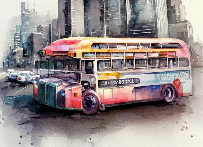 Image similar to concept art of a urban bus, pinterest, artstation trending, behance, watercolor, by coby whitmore, silver, laser light,