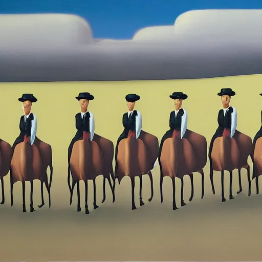 Prompt: A Magritte painting of horses prancing wearing sunglasses