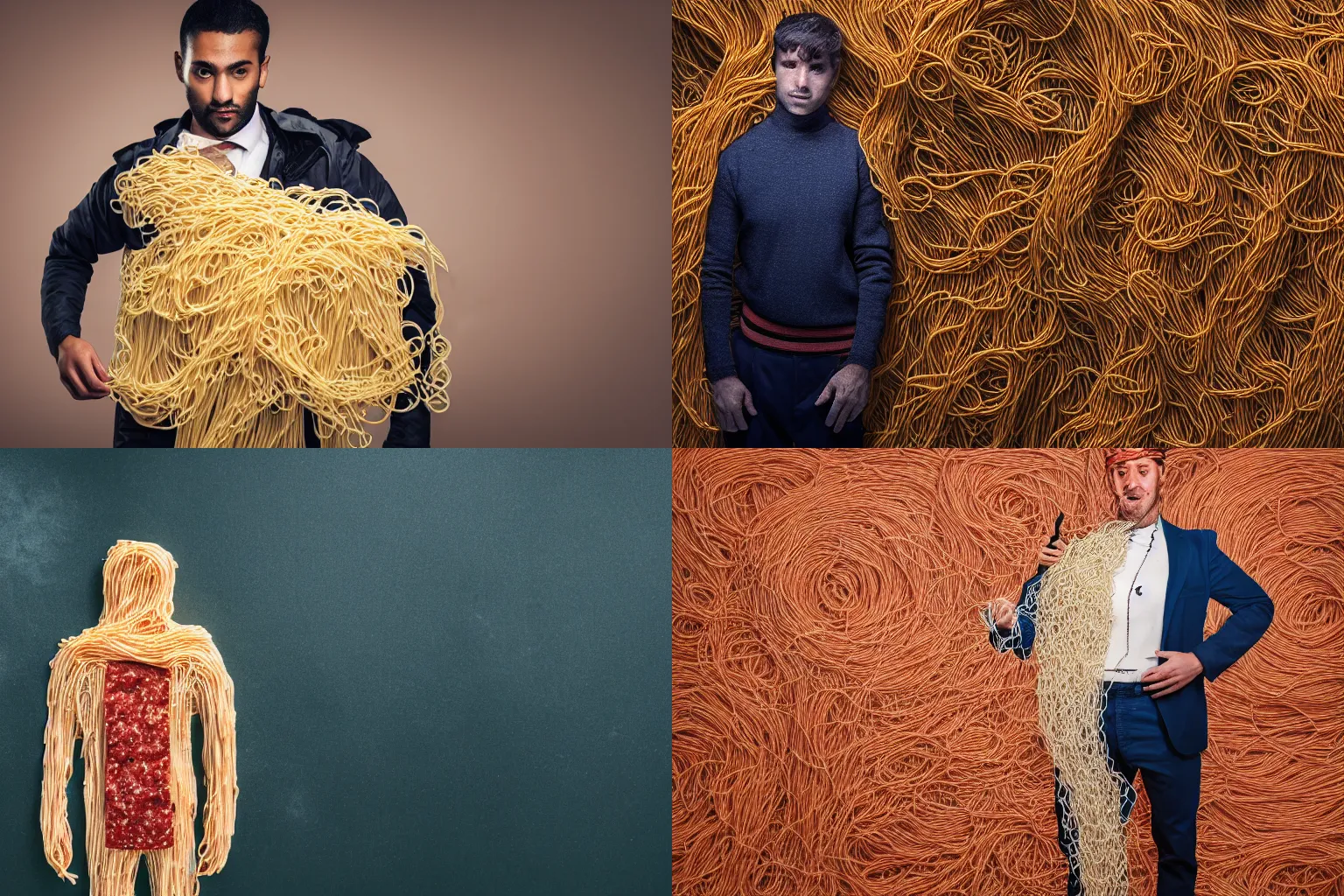 Prompt: man wearing pants made of spaghetti and a jacket made of salami, 4K photo