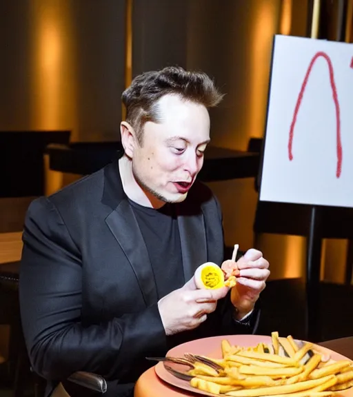 Image similar to an award winning photo of elon musk eating!! crayons!!!!!!, crayons!!!!! as ( ( french ) ) ( ( fries ) ), gourmet restaurant, 4 k, high quality