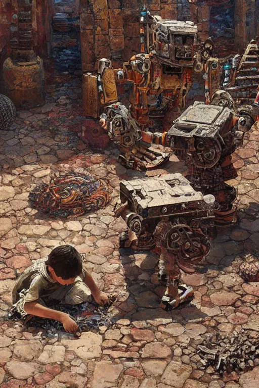 Image similar to an ancient Aztec!!! boy fixing his Aztec!! robot!, part by Craig Mullins, part by Greg Rutkowski , part by Mattias Adolfsson, volumetric lighting!!, oil on canvas