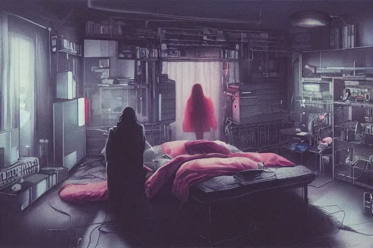 Image similar to IKEA catalogue photo, cyberpunk teenager bedroom, ghosts, screens, TVs, monitors, robots, by Beksiński