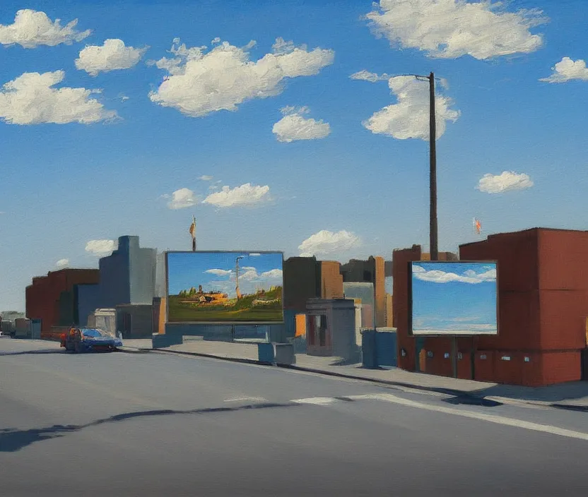 Prompt: a very detailed painting of one big standing billboard, baby blue sky with very aesthetic stylized clouds, in the style of edward hopper, very small brushstrokes, 4 k,