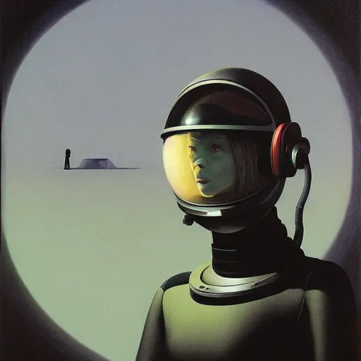 Image similar to portrait An astronaut girl wearing helmet with black latex suit, Edward Hopper and James Gilleard, Zdzislaw Beksinski, Mark Ryden, Wolfgang Lettl highly detailed