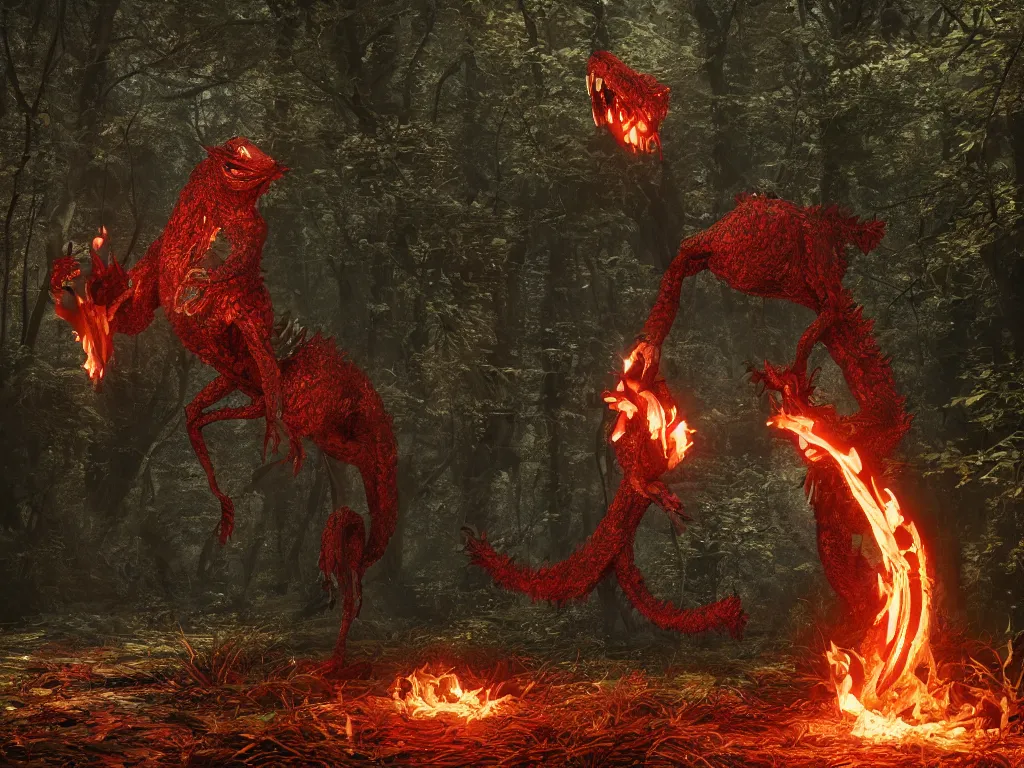 Prompt: And, as in uffish thought he stood, The Jabberwock, with eyes of flame, Came whiffling through the tulgey wood, And burbled as it came, photography, photo, octane render