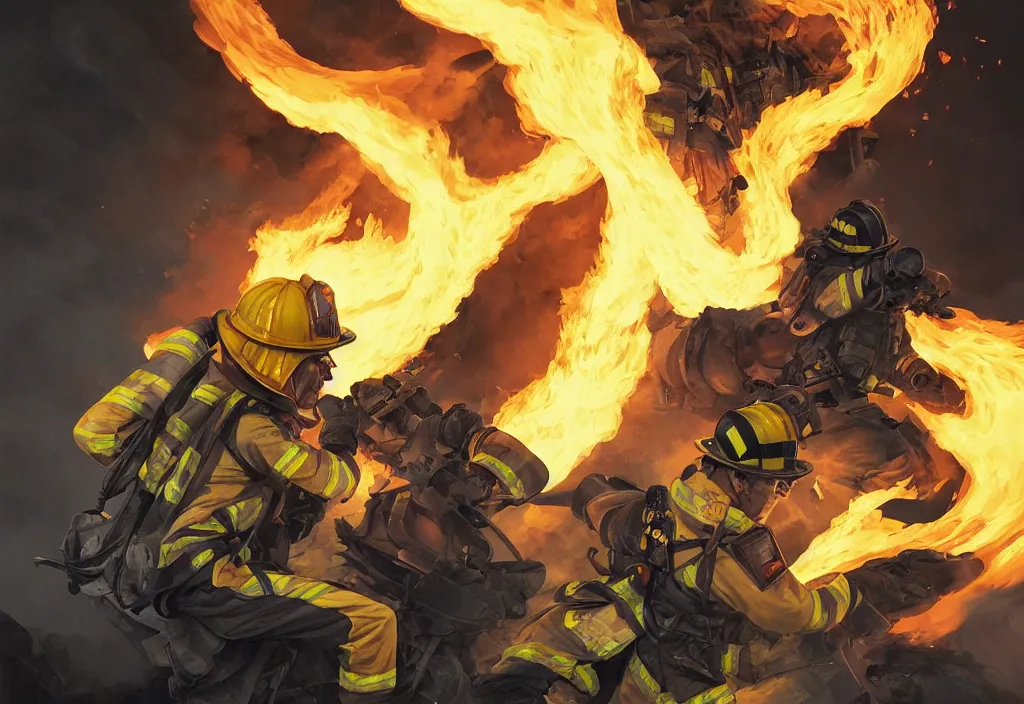 Image similar to heroic firefighter in action in black and yellow uniform, fire flames, sharp details, sharp focus, elegant, highly detailed, illustration, by jordan grimmer and greg rutkowski and pine ( ハイネ ) and 薯 子 imoko and 香 川 悠 作 and wlop and maya takamura, intricate