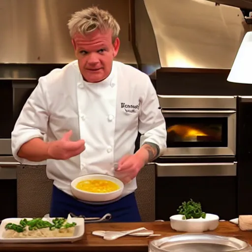 Image similar to <photo hd reaction>Gordon Ramsey reviews delicious soup</photo>