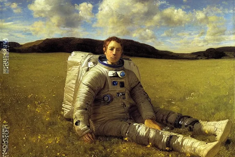 Prompt: sad portrait of an astronaut in a meadow by sir john everett millais, photorealistic, hyperdetailed, ethereal, masterpiece, oil painting