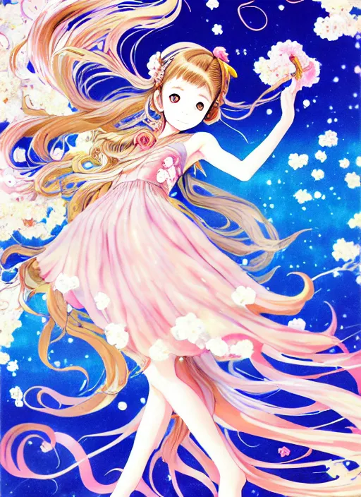 Image similar to exquisite imaginative manga poster of a fairy girl, long wavy hair, rococo dress, shimmering, by kojima ayami, shigenori soejima, minaba hideo,, jump comics, shogakukan, illustration, artstation, highly detailed, 8 k, fluorescent, maximalist