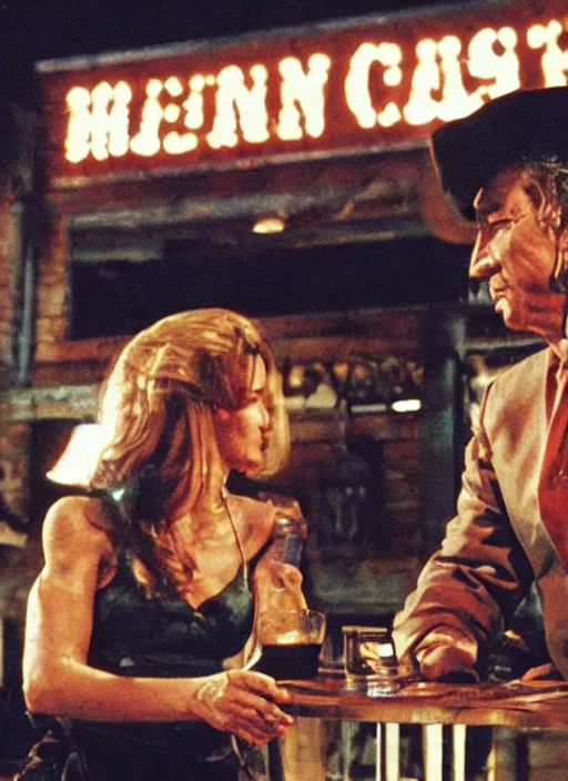 Image similar to a close - up, color cinema film still of a johnny cash talking to a beautiful hooters woman drinking whiskey at a hooters, ambient lighting at night.