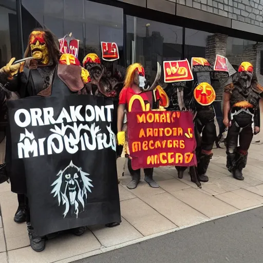 Prompt: Orcs protesting the working conditions in the Mordor McDonalds