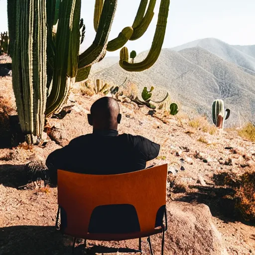 Image similar to monk sitting on a cactus chair on a mountaintop