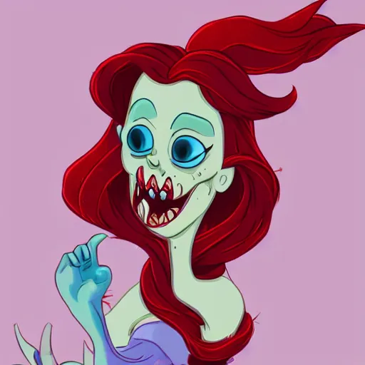Prompt: Ariel from the little mermaid as a zombie, rotting, eating prince Eric, Disney cartoon, gritty, trending on artstation,