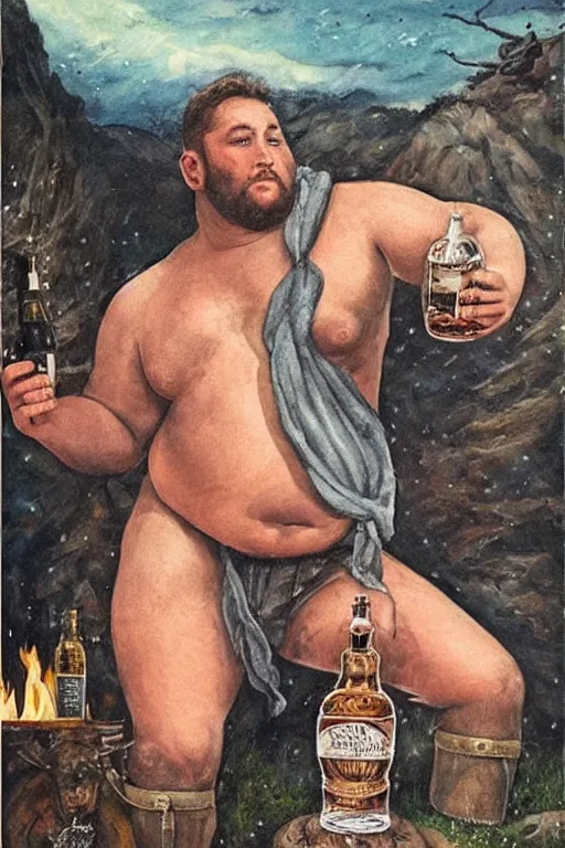 Prompt: a dramatic, epic, ethereal painting of a !!!!handsome!!!! thicc chunky beefy mischievous shirtless with a big beer belly wearing a large belt and bandana offering a whiskey bottle | he is a cowboy relaxing by a campfire | beautiful face | background is a late night with food and jugs of whisky | homoerotic | stars, tarot card, art deco, art nouveau, intricate | by Mark Maggiori (((and Alphonse Mucha))) | trending on artstation