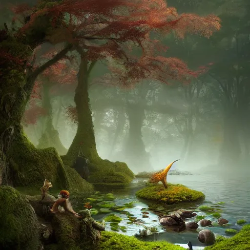 Prompt: soft painting render curiosities alien pond vegetation rocks, beautiful action shot fox covered moss scintillating, accurate features, focus, very intricate ultrafine details, random volumetric lighting, dense fog, award winning masterpiece, octane render 8 k hd, artstation, tom bagshaw