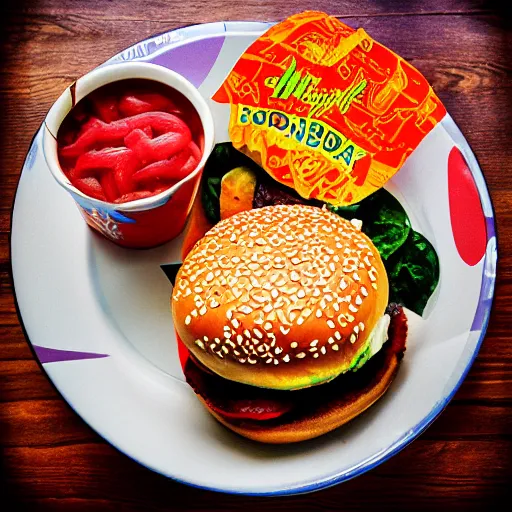Prompt: “McDonald’s David Bowie burger, food photography”