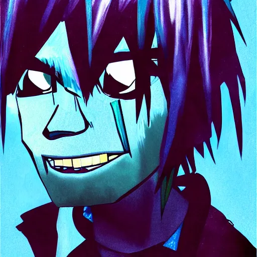 Image similar to 2 d from gorillaz, portrait, messy blue hair, illustration, digital art