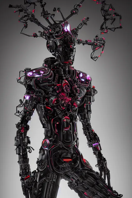 Prompt: full-body cyberpunk style sculpture of a young handsome dark god of battle, half android with a head opening exposing circuitry, glowing red eyes, black roses, flowing blood-red colored silk, fabric, candles. baroque elements, genetically augmented cyborg male. full-length view. baroque element. intricate artwork by caravaggio. Trending on artstation, octane render, cinematic lighting from the right, hyper realism, octane render, 8k, depth of field, 3D