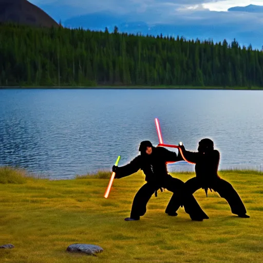 Image similar to kodiak bears kung - fu fighting with lightsabers on a lakefront, dusk,