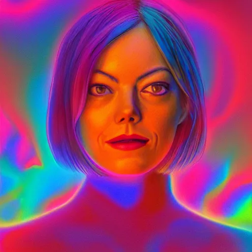 Image similar to surreal Emma Stone swimming in chromatic distortions in misty mysterious place, beautiful, psychedelic, lsd, trending on artstation, omnious, soft, artwork by Tran, Ross