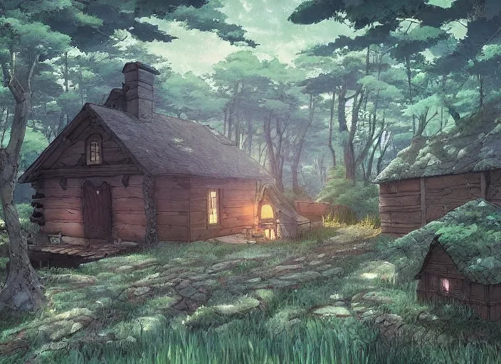 Prompt: A witches cabin in the woods, peaceful and serene, incredible perspective, soft lighting, anime scenery by Makoto Shinkai and studio ghibli, very detailed