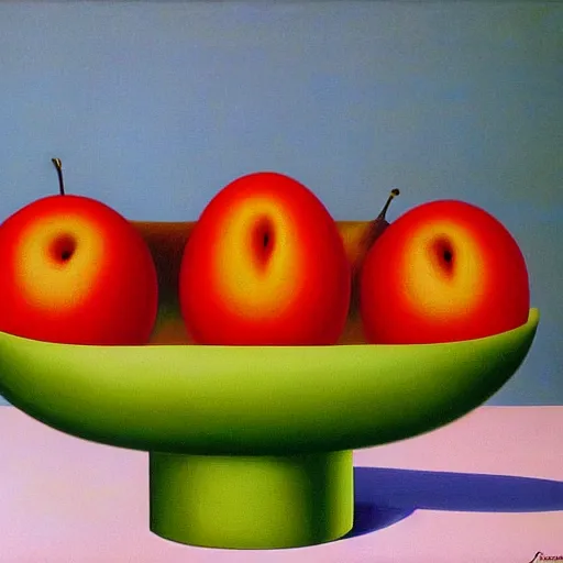 Image similar to surreal bowl of fruit by Rene Magritte