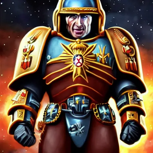 Prompt: Emmanuel macron, in Space Marine armor from Warhammer 40k, high detail, realistic, art by digital art