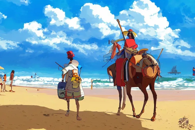 Image similar to don quijote in the beach. 4 k digital paint by studio ghibli hayao miyazaki. very sharp and detailed. trending on artstation and behance.