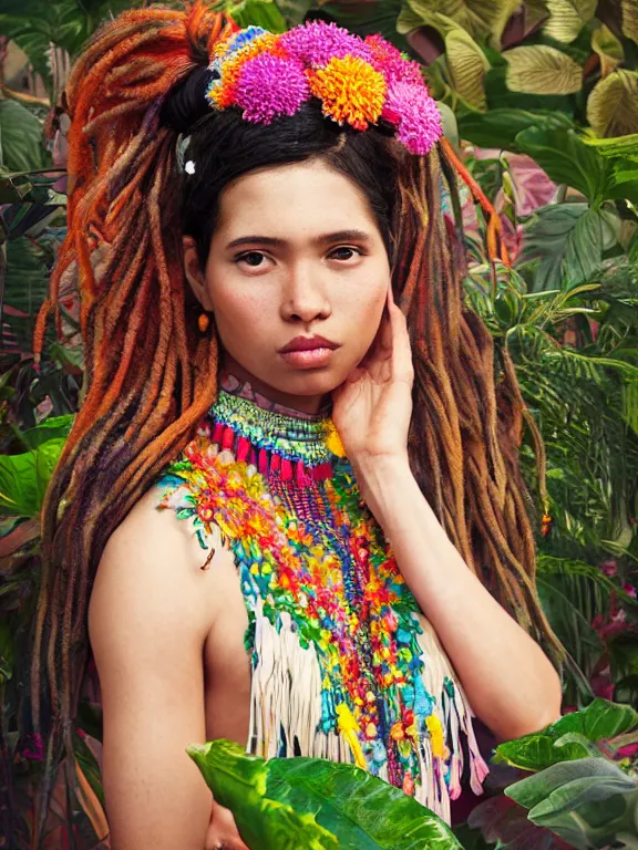 Image similar to beautiful portrait of a Subtropics minority female wearing fantastic Hand-dyed cotton dress, embellished beaded feather decorative fringe knots ,colorful pigtail,subtropical flowers and plants,symmetrical face,intricate,elegant, highly detailed, 8k,post-processing,digital painting, trending on artstation, concept art, sharp focus, illustration,by Steve McCurry and Tom Bagshaw and Daniel Gerhartz and Albert Aublet and Lawrence Alma-Tadema