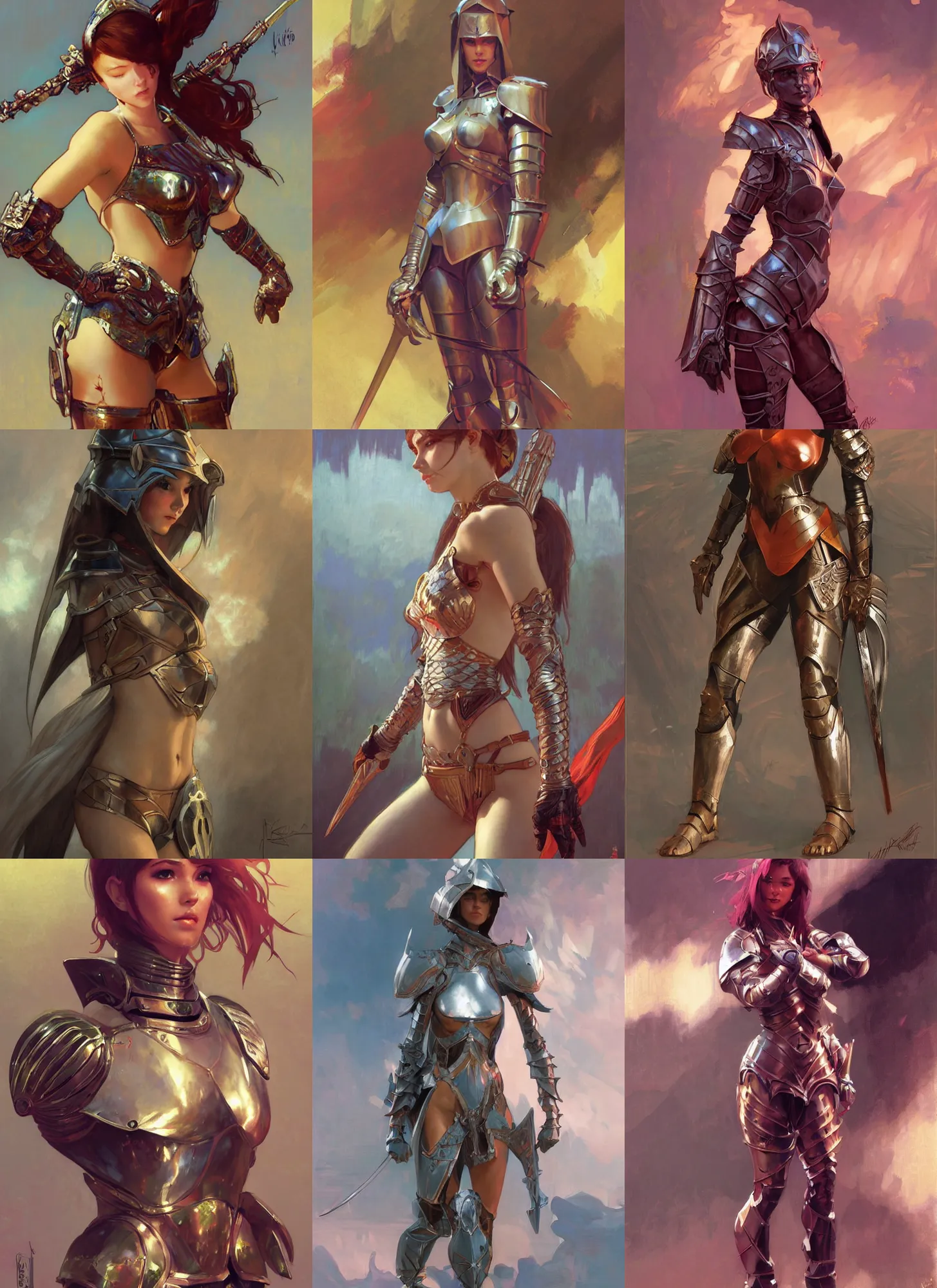Prompt: bikini armor female knight, elegant, vibrant, fantasy, medieval, smooth, by ilya kuvshinov, craig mullins, edgar maxence, alphonse mucha, artgerm