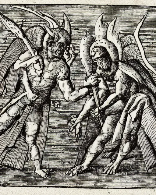 Image similar to devil fights angel, high detail, extremely detailed, very sharp, in the style of theodor de bry,