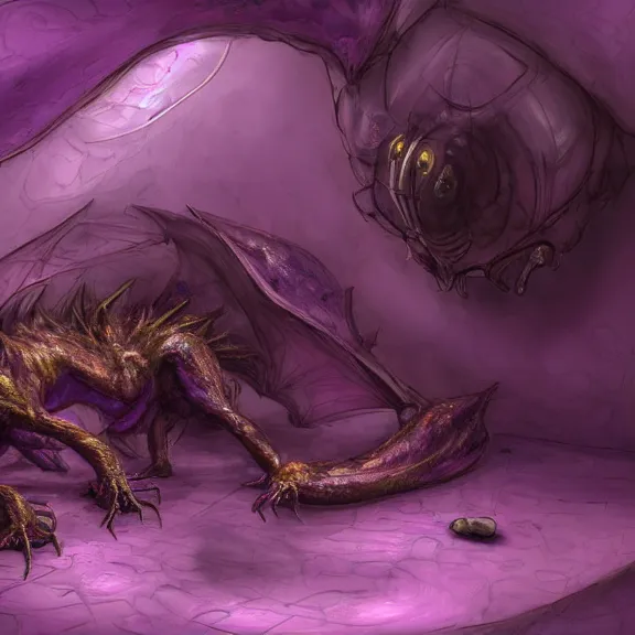 Image similar to inside a cavernous stomach, the walls purple and pulsing, acid pooling on the floor, digesting a small dragon, food pov, micro pov, digital art, pov furry art, anthro art, furry, warframe infested art, high quality, 8k 3D realistic, macro art, micro art, Furaffinity, Deviantart, Eka's Portal, G6