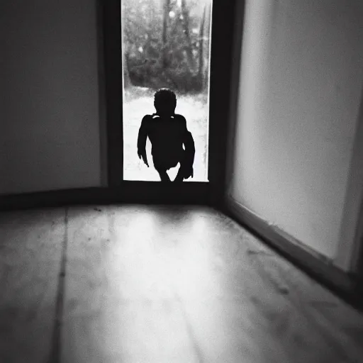 Prompt: a creepy looking human crawling out from underneath the bed, with the light of the window reflecting on him, black and white 35mm photograph.