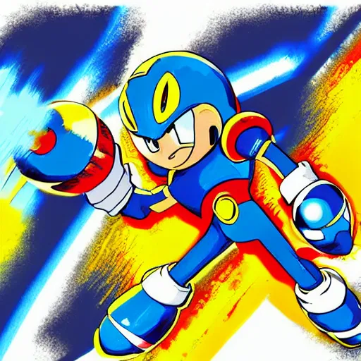 Prompt: Megaman X firing a yellow bubble at Sonic the Hedgehog, Splatter Paint style, Painted By Akihiko Yoshida