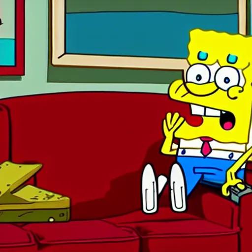 Prompt: animation of spongebob sitting on couch drinking beer, full-HD
