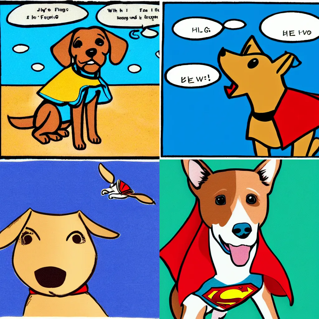 Prompt: light brown female dog wearing a blue superhero cape, she's flying through the sky. Comic strip.
