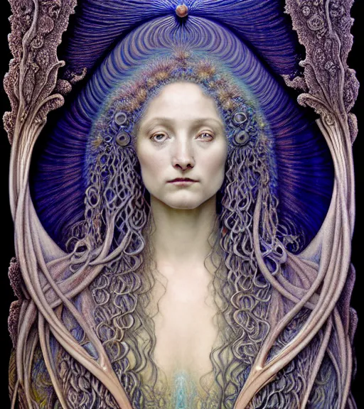 Prompt: detailed realistic beautiful opalescent goddess face portrait by jean delville, gustave dore, iris van herpen and marco mazzoni, art forms of nature by ernst haeckel, art nouveau, symbolist, visionary, gothic, neo - gothic, pre - raphaelite, fractal lace, intricate alien botanicals, biodiversity, surreality, hyperdetailed ultrasharp octane render