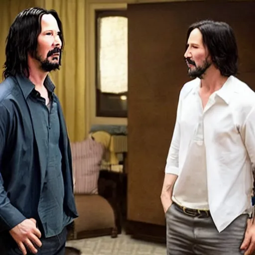 Prompt: film still of keanu reeves as sleeves on a shirt in the new comedy movie