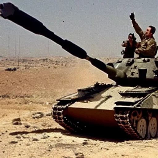 Image similar to A 200 foot tall George H.W. Bush destroys Iraqi tanks, historical photo
