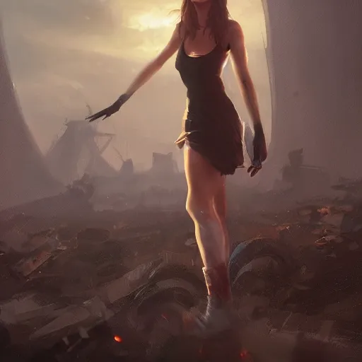 Image similar to a portrait of emma watson wearing skintight dress, post apocalyptic earth in the background as seen by greg rutkowski, dark theme, enchanted, warm colors, high quality, waw, trending on artstation